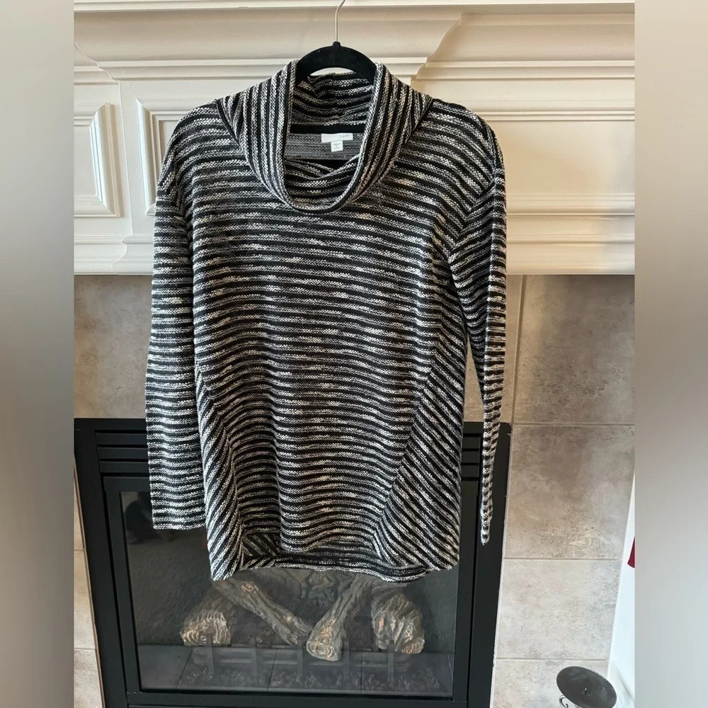 J Jill Black White Textured Knit Cowl Neck Striped Tunic sweater- Size SP